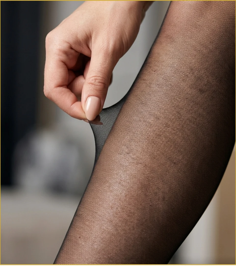 A close view of sheer hosiery knit under gentle stretch